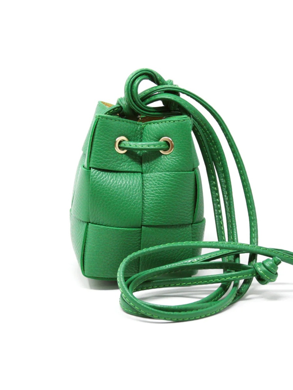 Green Woven Leather Drawstring Crossbody Bag